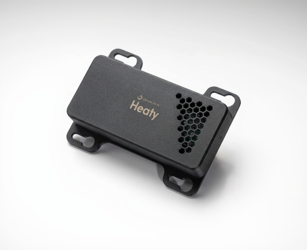 A black rectangular electronic device for controlling heater in a camper van, featuring the 'Heaty' name of camper jarvis