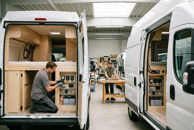 Zwei Campervans im Ausbau mit identischer Elektrik-Installation