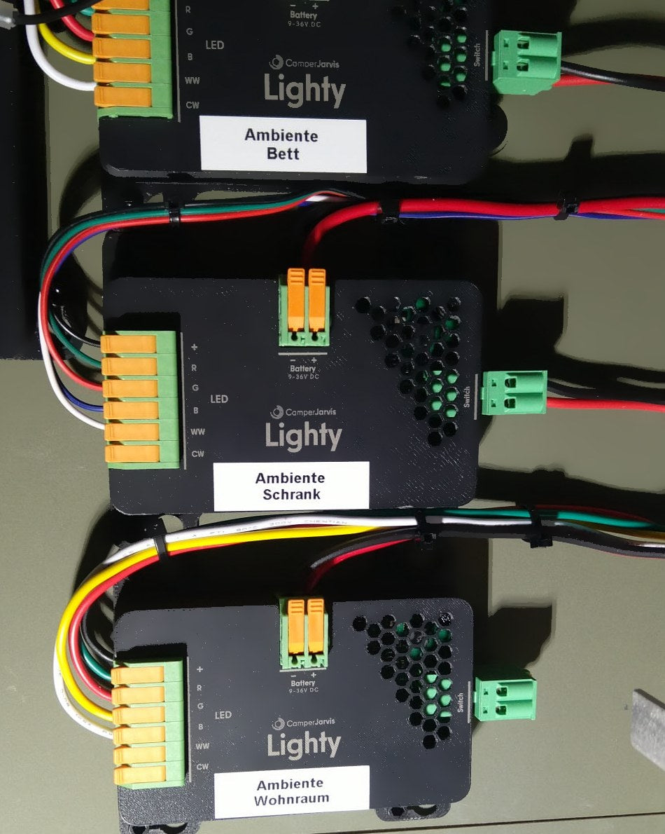 In use: three Lightys for the ambient light at the bed, wardrobe and living area.